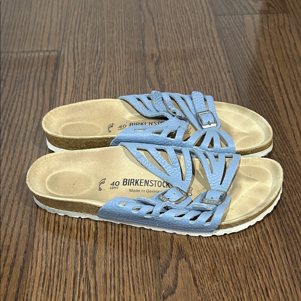 Birkenstock Light Blue Leather Double-Buckle Slide Sandals sz 9 - Picture 2 of 5